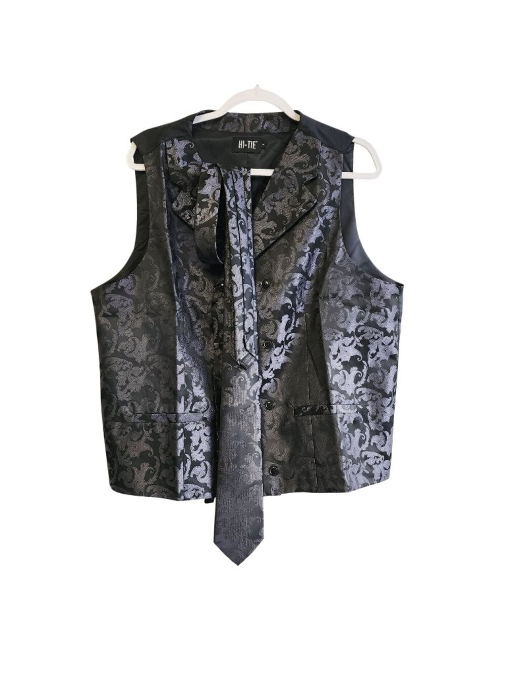 Hi-Tie Mens Double-Breasted Paisley Black & Gray Vest Matching Tie Size L